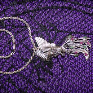 Goth Heated Marquise Ruby Emerald Marcasite 925 Sterling Silver Phoenix Pendant